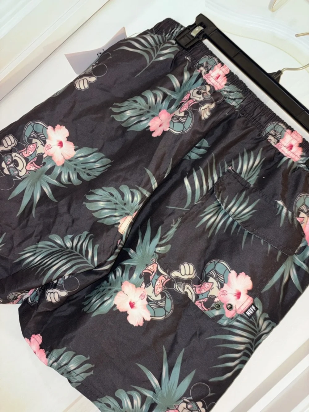 Disney Men’s Black Tropical Mickey Swim Trunks with Pink Florals